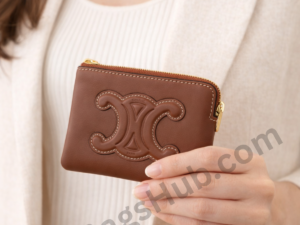 brown-leather-zipper-wallet-with-embossed-logo-held-by-model-hand-luxury-card-holder