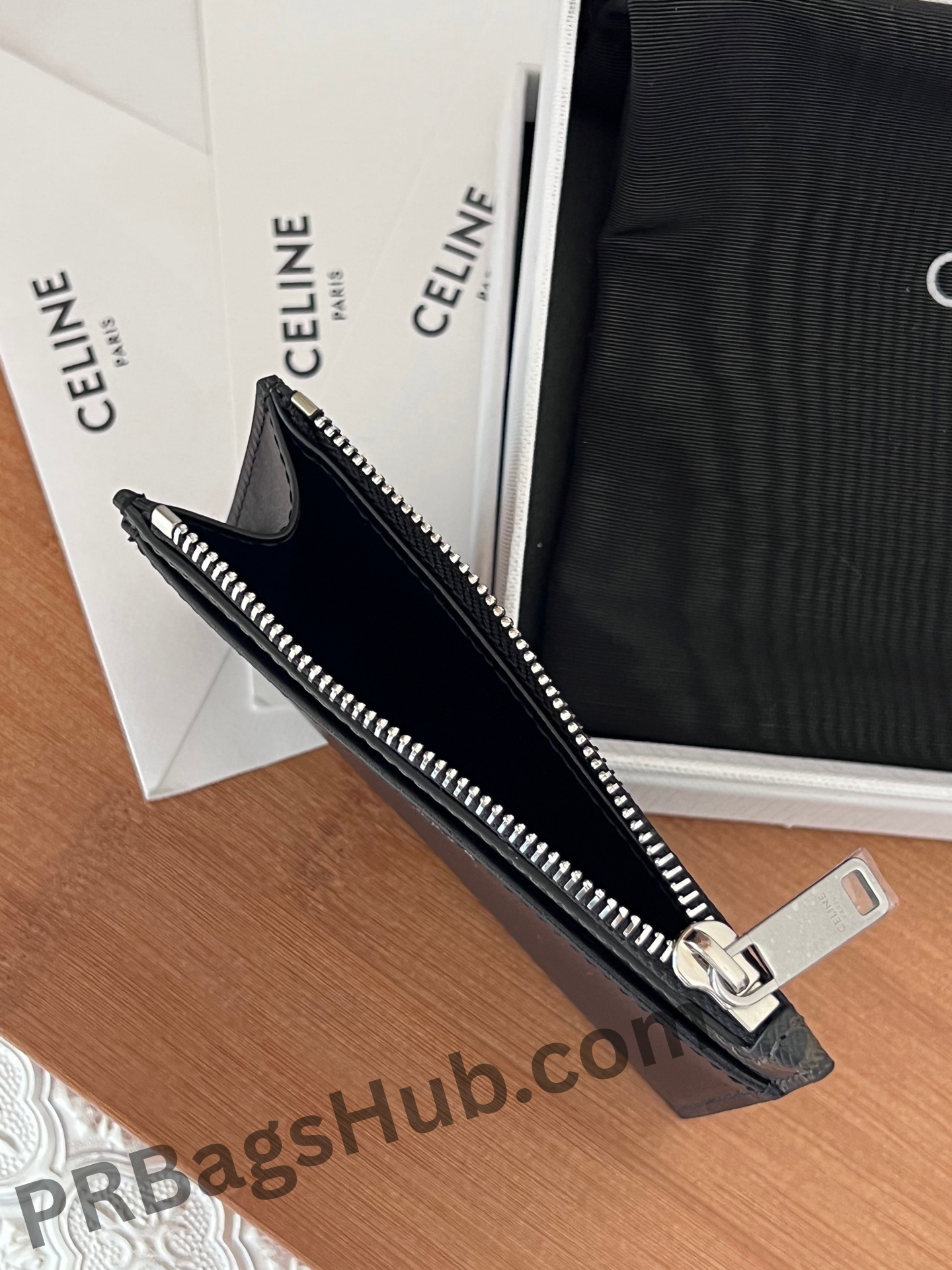 black-zip-card-holder-wallet-open-view-premium-inspired-compact-design-with-silver-zipper-celine-style