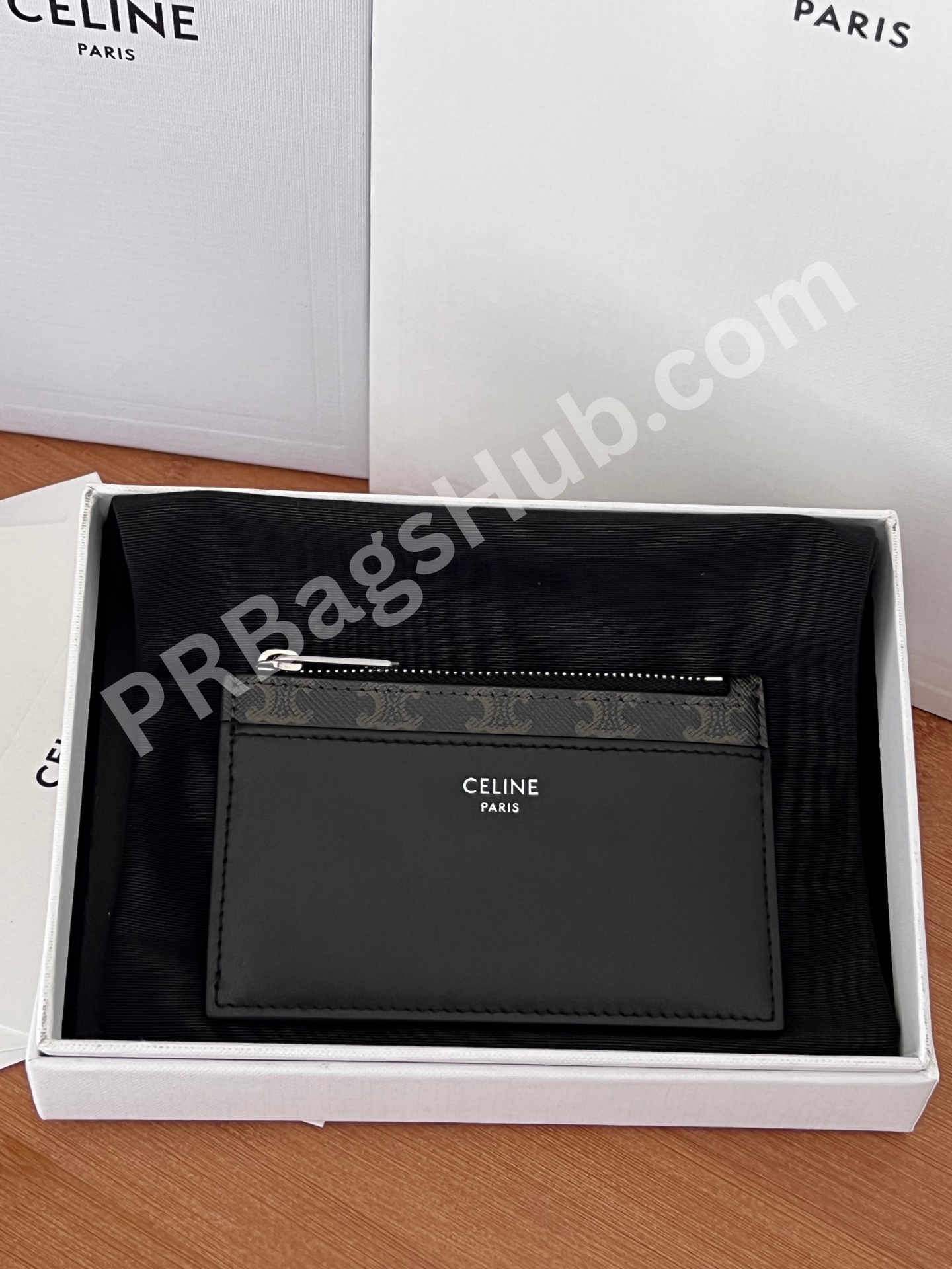 black-card-holder-wallet-in-box-front-view-celine-style-premium-inspired-compact-wallet