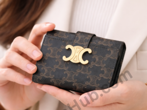 celine-style-brown-monogram-wallet-gold-logo-compact-luxury-card-holder-in-hand