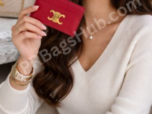 female-model-holding-deep-burgundy-card-holder-with-gold-logo