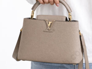 louis-vuitton-m24729-grey-leather-top-handle-handbag-held-in-woman-hand-with-adjustable-strap