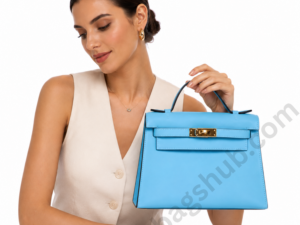 light-blue-kelly-style-top-handle-handbag-held-by-woman-with-gold-hardware-on-white-background