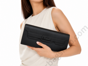 black-designer-envelope-clutch-bag-held-by-woman-with-modern-structured-flap-on-white-background