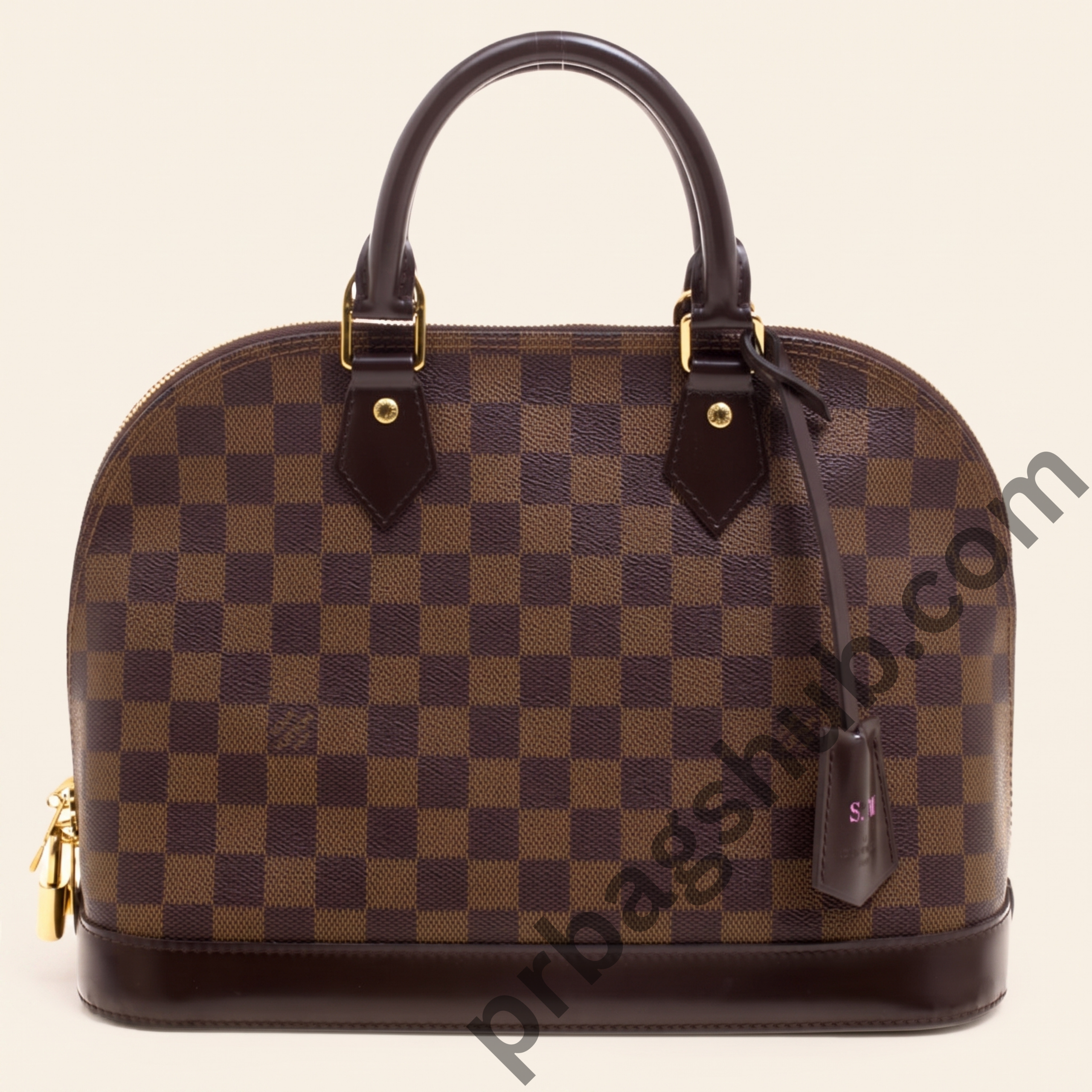 louis-vuitton-alma-bb-inspired-top-handle-handbag-front-view-with-brown-checkered-canvas-dark-leather-trim-and-gold-hardware-white-background