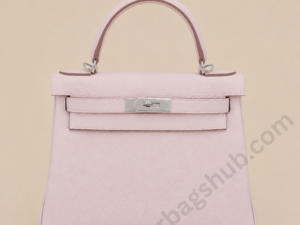 pastel-pink-kelly-style-top-handle-handbag-front-view-with-silver-turn-lock-on-beige-background