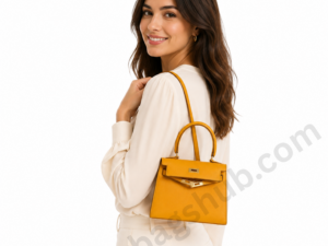 yellow-mini-kelly-style-top-handle-bag-worn-by-woman-with-white-outfit-on-white-background