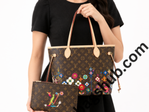 louis-vuitton-neverfull-mm-monogram-tote-bag-with-murakami-floral-print-and-matching-zip-pouch-held-by-woman-in-black-dress-white-background