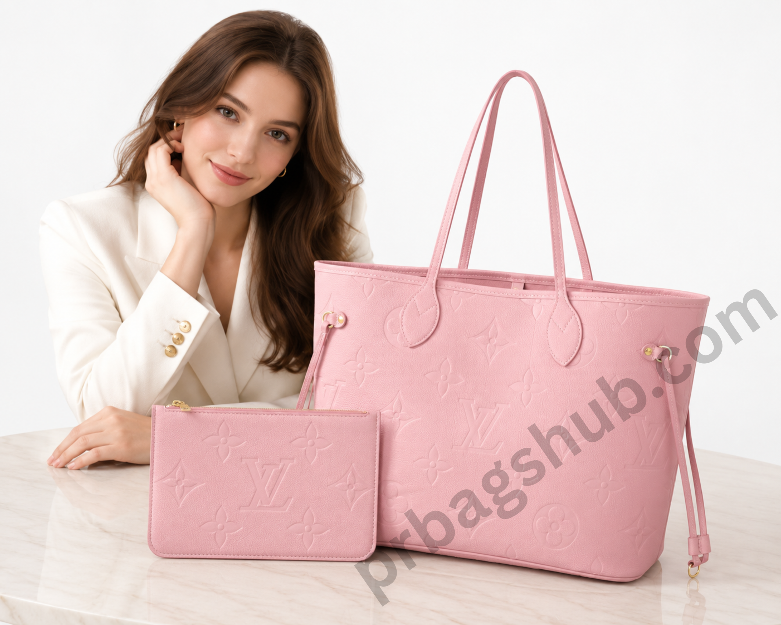 louis-vuitton-neverfull-mm-pink-monogram-empreinte-leather-tote-bag-with-matching-zip-pouch-displayed-on-table-next-to-woman-in-white-blazer-white-background